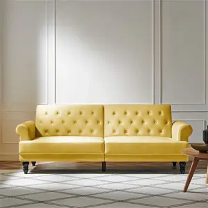 Hanney 3-Seater Chesterfield Sofa Bed In Mustard Yellow Velvet, Clic Clac Sofa Bed - Daals - Sofa Beds