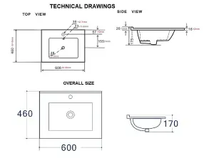 Bathroom Basin Sink 600mm 60cm White Cloakroom Ceramic Inset Single Bowl UP