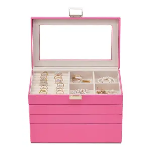 Pink PU Leather and Velvet Lining Elegant Four-Layer Stackable Jewellery Box with Transparent Lid