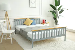 Grey Wooden Bed Frame With Oak Effect Trim King size 5FT