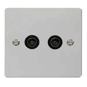 Flat Plate Polished Chrome 2 Gang Twin Coaxial TV Socket - Black Trim - SE Home