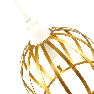 Vintage Round Cage Pendant Shade with Brushed Gold Metal Strips - Chic Design