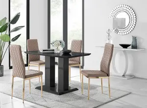 Furniturebox Imperia 4 Modern Black High Gloss Dining Table and 4 Cappuccino Gold Leg Milan Chairs