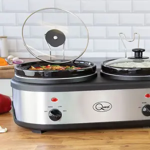 Quest 3 Pot Electric Slow Cooker, Buffet Server & Food Warmer / 3x 2.5L Ceramic Pots with Glass Lids / 3 Heat Settings