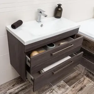 Novela 800mm Wall Hung Vanity Unit in Dark Wood with Ceramic Basin