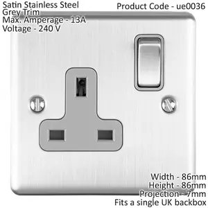 1 Gang Single UK Plug Socket SATIN STEEL 13A Switched Grey Trim Power Outlet