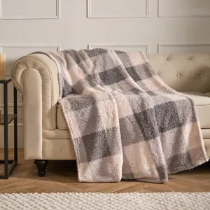 Gingham Teddy Fleece Throw Over Bed Blanket Check Warm, Grey - 150 x 200cm