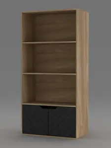 URBNLIVING 4 Tier Oak Coloured Wooden Bookcase Cupboard with 2 Black Line Doors Storage Shelving Display Cabinet