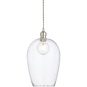 Hanging Ceiling Pendant Light - Bright Nickel Plate & Clear Hammered Large Glass - 10W LED E27