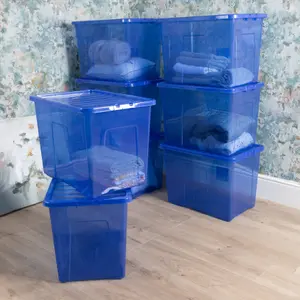 Wham Crystal 8 x 80L Plastic Storage Boxes with Lids. Large Size, Strong. Made in the UK Tint Spectrum Blue