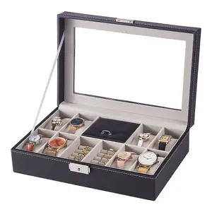 Elegant Black 8-Slot PU Leather Watch Display Box with Transparent Lid and Velvet Lining