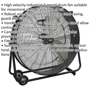 30" Industrial High Velocity Drum Fan - 2 Speed Settings - Wheeled Tilting Stand