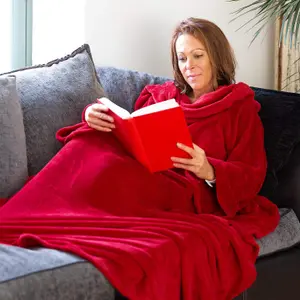 Red Snug Rug Deluxe Blanket With Sleeves Luxury Cosy Super Soft Coral Fleece Fabric Long Oversized Pouch Pocket Adults