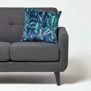 Homescapes Navy Tropical Banana Leaf Velvet Cushion 46 x 46 cm