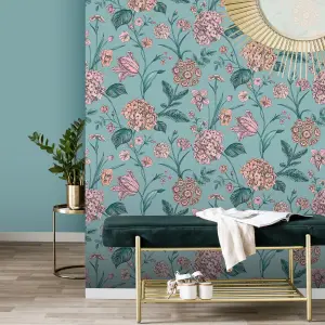 Rasch Hydrangea Garden Flowers Teal Green Floral Wallpaper 260155