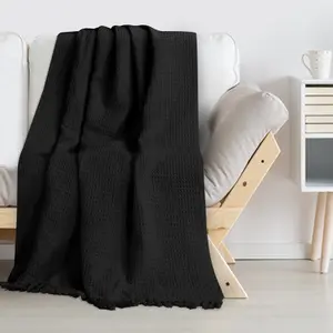 EHC Waffle Throws for Sofa Armchair Blanket Single Bed Cover, 127 X 152cm - Black