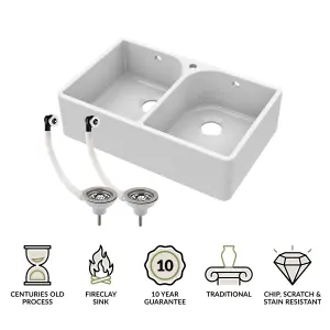 Double Bowl Fireclay Ceramic Butler Kitchen Sink with Full Weir, Overflows & Wastes