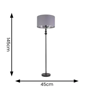 ValueLights Marissa Matt Black Stacked Ball Floor Lamp with Grey/Chrome Shade