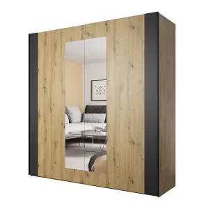 Sigma Sliding Door Wardrobe in Oak Artisan & Black Matt - W2000mm H2130mm D640mm, Contemporary Storage"