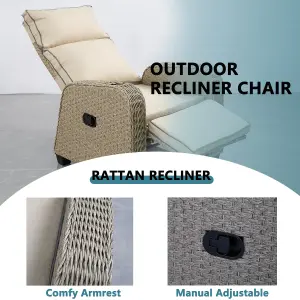 Patio Rattan Recliner Lounger Sofa with Soft Cushion, 170 Degree Adjustable Backrest and Footrest Support 150kg