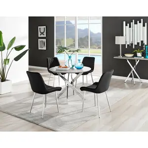 Tierra Modern Chrome Metal & Glass Round Dining Table Set with 4 Luxury Velvet Dining Chairs Silver / Black/Silver / 75 x 100 x 100cm