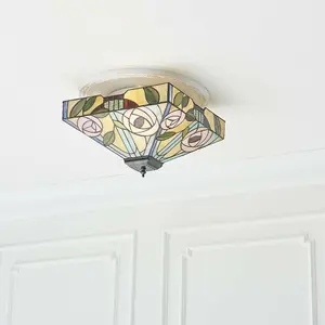 Tiffany Glass Semi Flush Ceiling Light Pink Rose Inverted Square Shade i00063