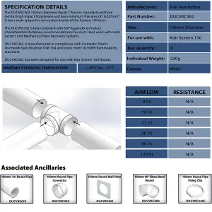 Kair Round Equal T-Piece 150mm - 6 inch Plastic Ducting Tee Junction Connector