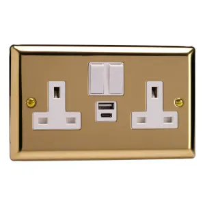 Varilight 2-Gang 13A Switched Socket & USB A+C Polished Brass