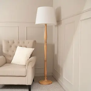 ValueLights Victoria Traditional Light Wood Candlestick Floor Lamp with White Tapered Shade - LED Bulb Included