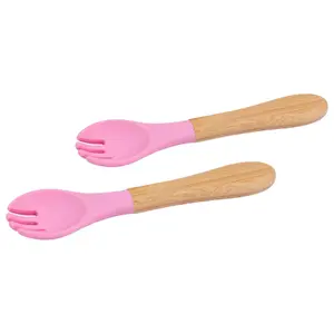 Bamboo Baby Weaning Forks with Silicone Tip - Pink - Pack of 2