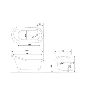 Arroll Bordeaux Gloss White Slipper Single ended Bath with 2 Tap holes (L)170cm (W)78cm