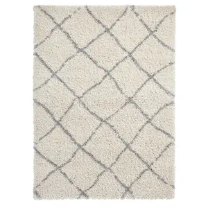 Cream Grey Shaggy Modern Moroccan Easy To Clean Geometric Rug Dining Room-120cm X 170cm