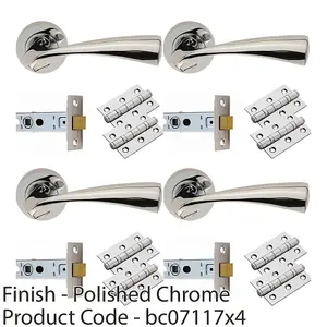 4 PACK - Door Handle & Latch Pack Set- Chrome Curved Flaired Lever Screwless Round Rose Kit