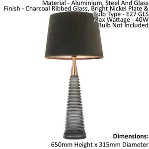 Table Lamp - Charcoal Ribbed Glass, Bright Nickel Plate & Mocha Velvet - 40W E27