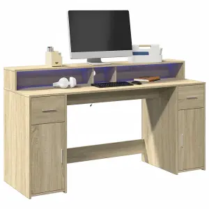 Berkfield Desk with LED Lights Sonoma Oak 160x55x91 cm Engineered Wood