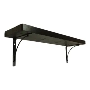 Solid Wood Handmade Rustical Shelf Black Ash 225mm 9 inch with Black Metal Bracket BOW Length of 240cm