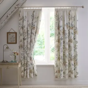 Amelle Green Floral Print Pair of Pencil Pleat Curtains With Tie-Backs