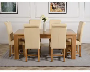 Dakota 182 x 92 cm Chunky Oak Large Dining Table and 6 Chairs Dining Set with Washington Ivory Leather Chairs