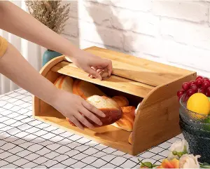 MantraRaj Bamboo Bread Bin Storage Counter Top Roll Top Bread Box Food Storage Containers Bread Bin