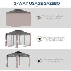 Outsunny 3.6 x 3 (m) Double Roof Hard Top Gazebo with Nettings & Curtains