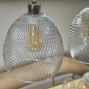 ValueLights Novo 3 Way Chrome Over Table Ceiling Light Fitting with Suspended Mesh Lightshades and 4w LED Filament Bulbs