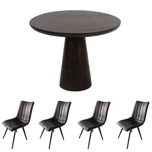 Natural Solid Dark Mango Wood Round Dining Table Set With 4 Chairs