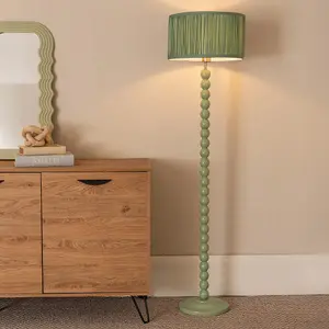 ValueLights Bobbins Sage Green Floor Lamp with Ruched Pleated Green Drum Shade