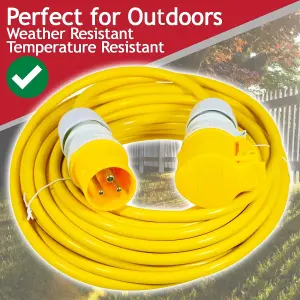 SPARES2GO 16A Extension Lead 14m 110V 1.5mm Extra Long Power Cable Cord 3-Pin 2P+E (Yellow)