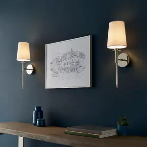 Bright Nickel Plated Wall Light & White Cotton Shade - Modern Sconce Fitting