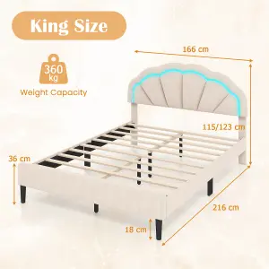 COSTWAY King Size Upholstered LED Bed Frame Kids Platform Bed w/ Adjustable Headboard