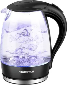 Aigostar Adam 30KHH - Glass Water Kettle With LED Lighting, 2200 Watts, 1.7 Liter, Boil-Dry Protection, BPA Free, Black