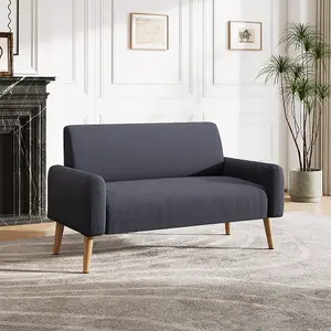 Grey 2 Seat Corduroy Sofa with Wooden Legs for Living Room Bedroom 140 x 77 x 80cm