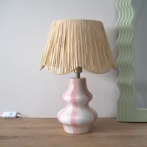 ValueLights Perrie Blush Pink Ceramic Pin Stripe Bedside Table Lamp with Raffia Shade - LED Bulb Included