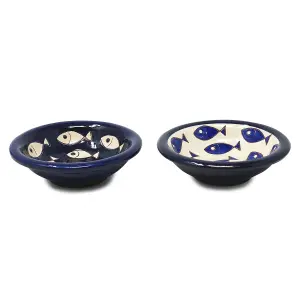 Signature Blue & White Fish Hand Painted Ceramic Set of 2 Mixed Tapas Bowls (Diam) 12cm